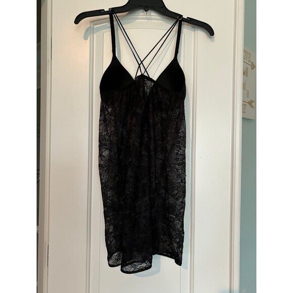 Black Sheer Mesh Lace Padded Lingerie Padded Mini Slip Dress M - Picture 6 of 7